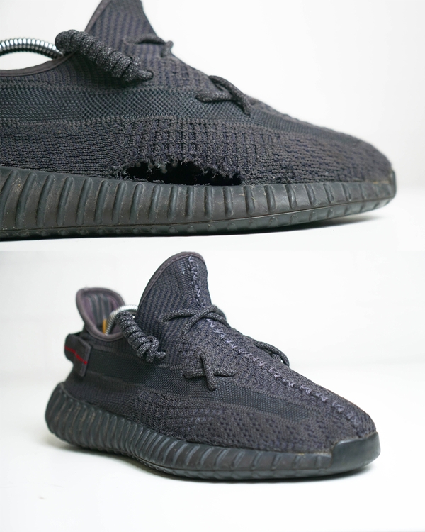 Renowacja sneakersów Adidas Yeezy – naprawa dziurawej cholewki w pracowni szewskiej Mr.Shoe